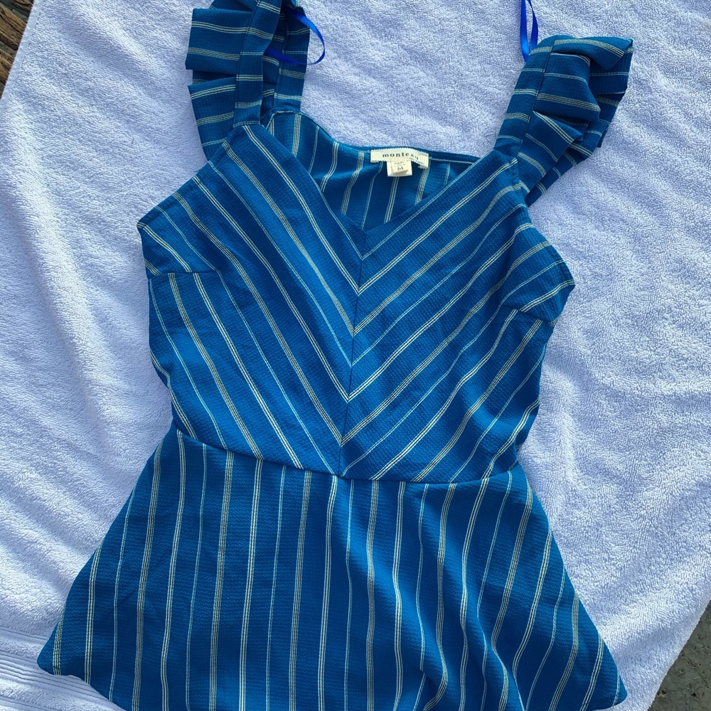 Blue top with white and black stripes  size medium